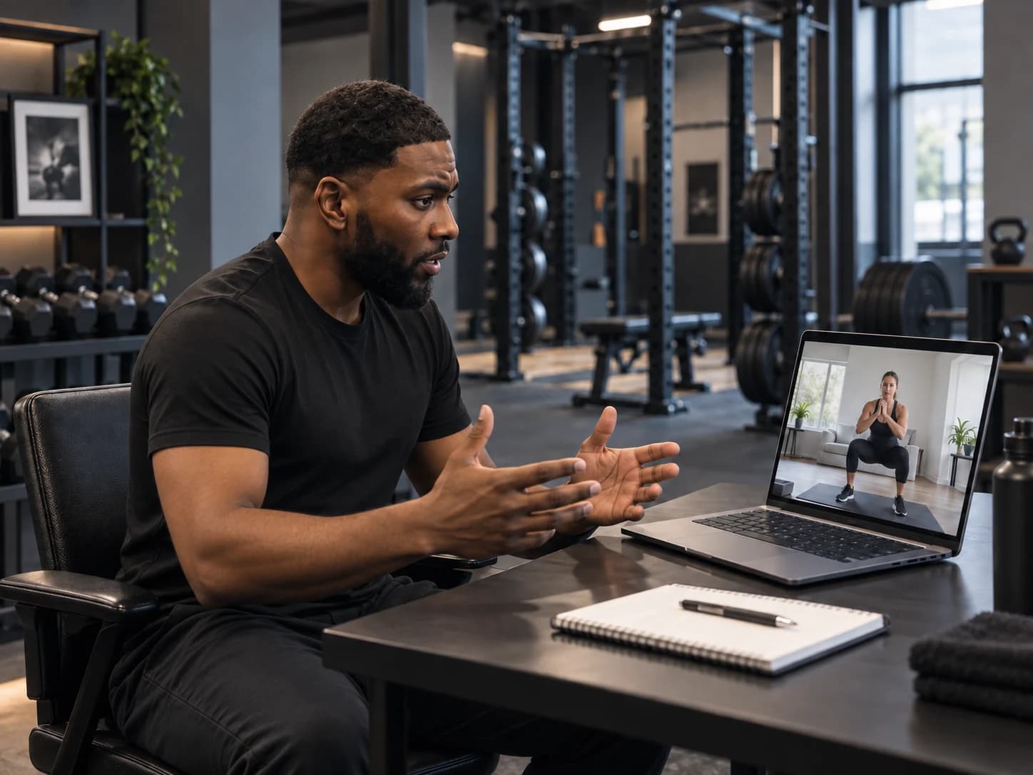 Omar begeleidt een sporter via een videogesprek op zijn laptop.