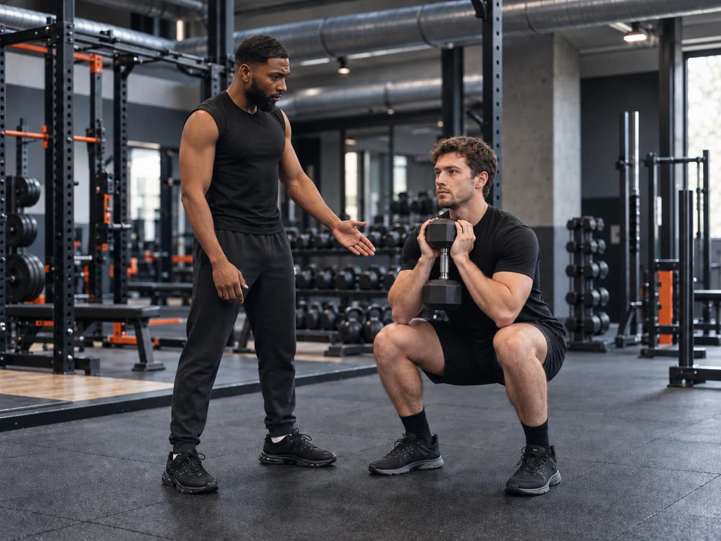 Omar begeleidt een sporter bij een goblet squat in de fitnessruimte.