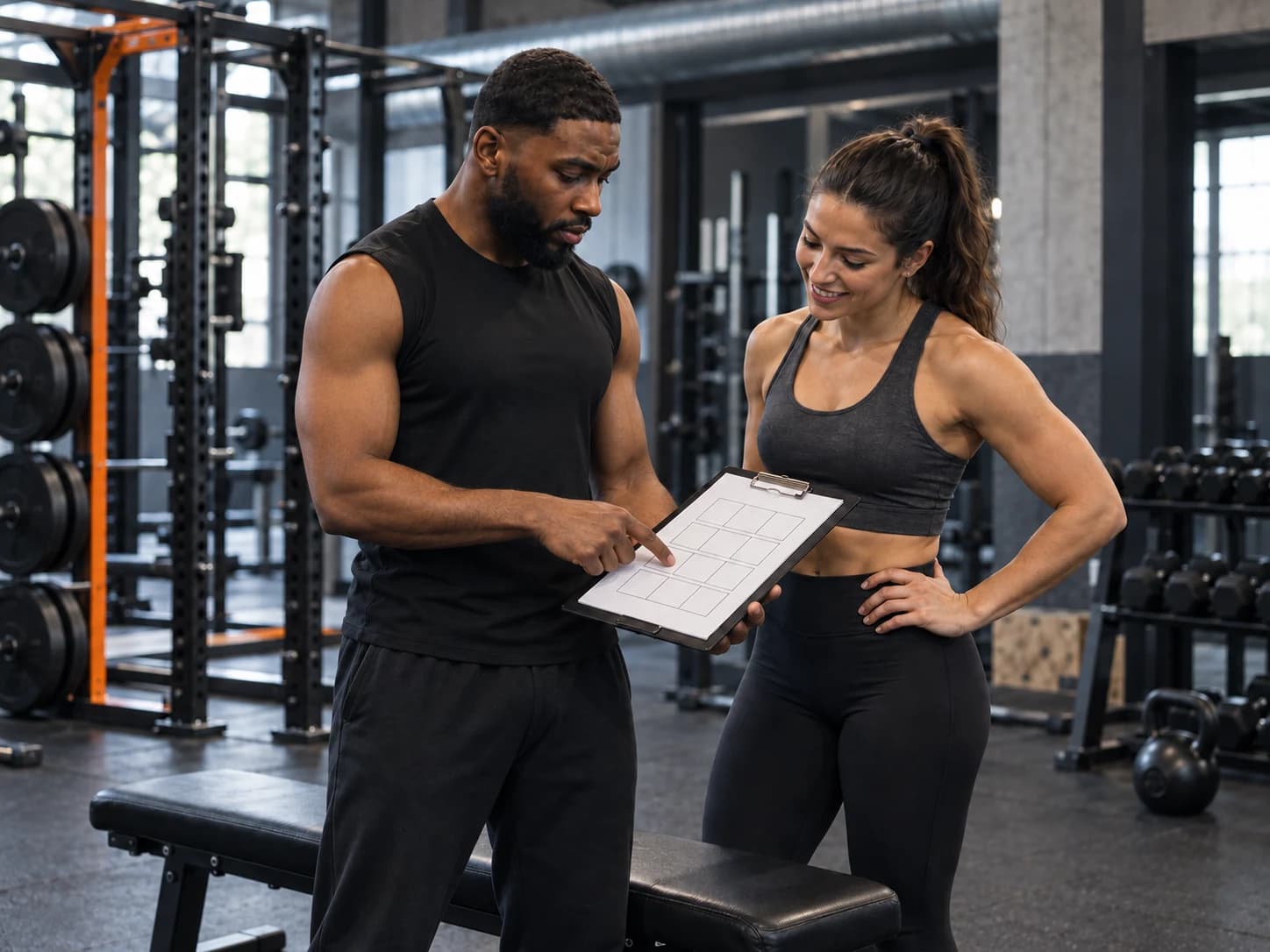 Omar bespreekt een trainingsplanning met een sporter in de fitnessruimte.