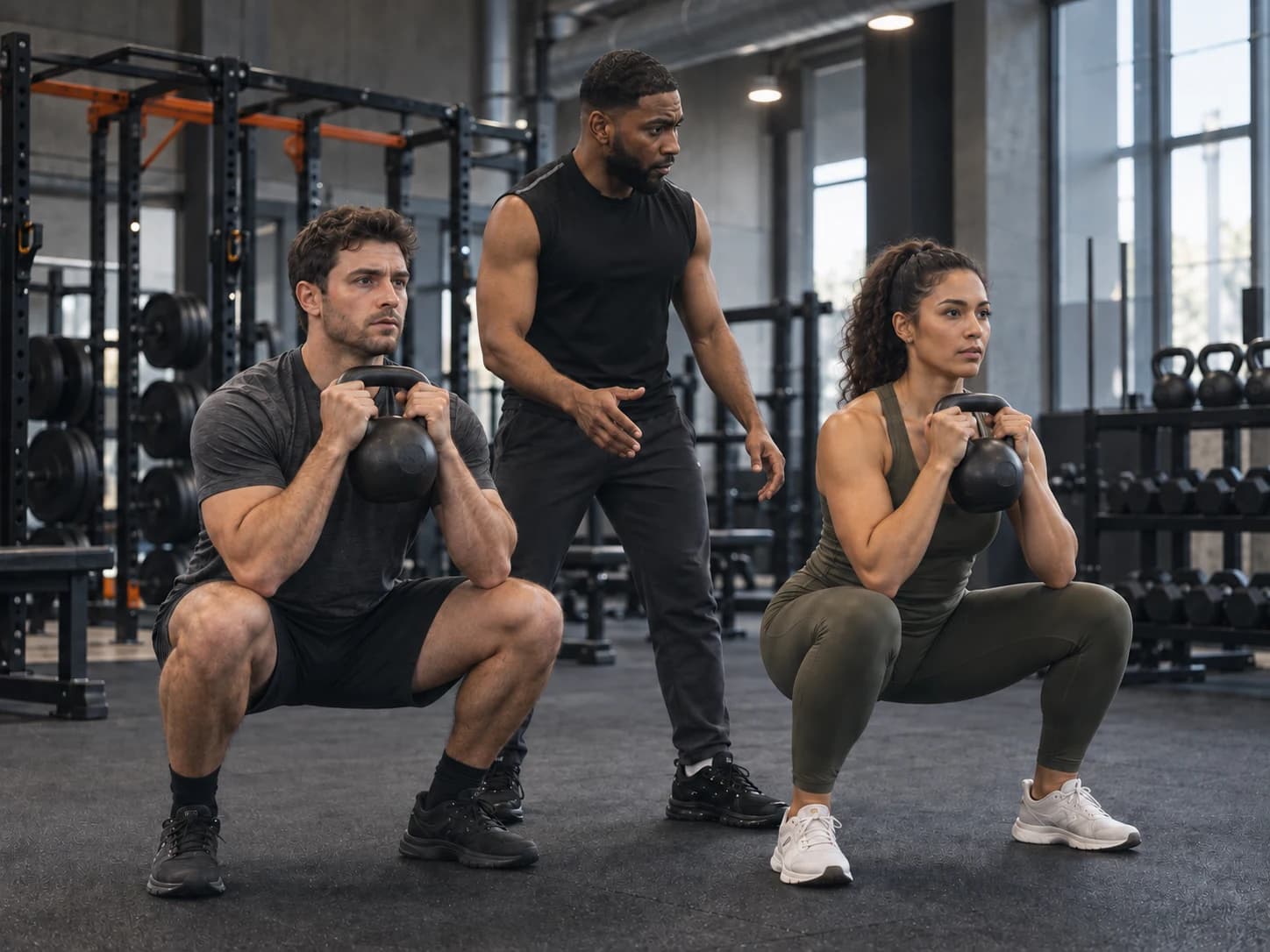 Omar begeleidt twee sporters bij kettlebell squats.