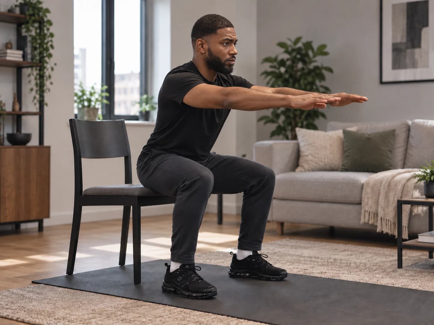 Omar demonstreert een squat naar een stoel in een woonkamer.