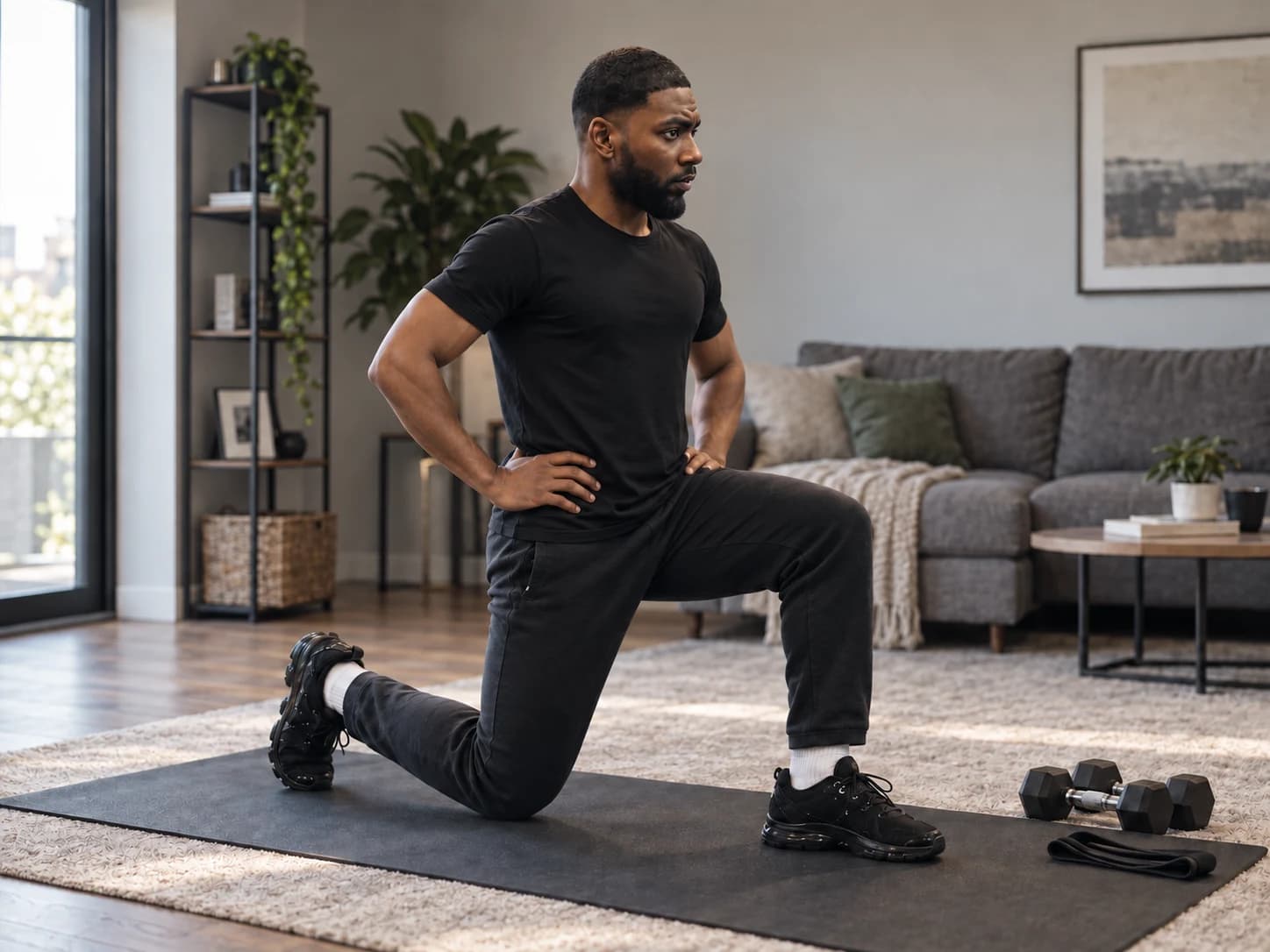 Omar demonstreert een lunge op een trainingsmat thuis.