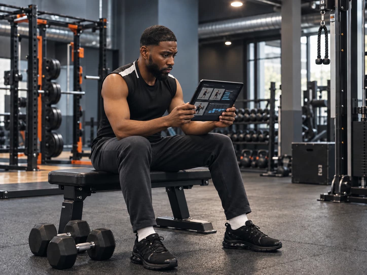 Omar bekijkt een persoonlijk trainingsschema op een tablet.